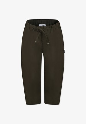 Pantaloni cropped leggeri di colore verde scuro con vita elasticizzata e coulisse. Presentano cerniere laterali e un piccolo etichetta con logo.