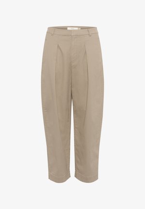 Beige tailored trousers with pleats, featuring a straight cut and cuffed hem. Made of lightweight fabric, providing a smooth texture.