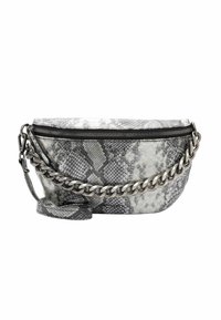 Kabelka přes rameno s hadím vzorem v šedé a černé barvě, vybavená horním zipem a širokým kovovým řetězovým popruhem. Texturovaný povrch.