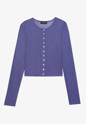 Purple long-sleeve cropped cardigan with a round neckline and seven button closures along the front, featuring a textured knit pattern.