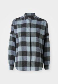 Camicia di flanella a scacchi blu e neri, con maniche lunghe, colletto e chiusura anteriore con bottoni. Texture morbida e vestibilità comoda.