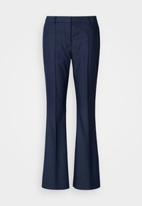 Tmavomodré rozšírené nohavice z textúrovanej látky s bočnými záhybmi a prispôsobeným pásom pre priliehavý vzhľad.