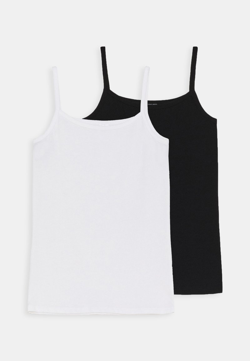 Biele a čierne tielka vyrobené z jemnej bavlny. Majú tenké ramienka a jednoduchý, klasický dizajn. Bez vzorov alebo ozdôb.