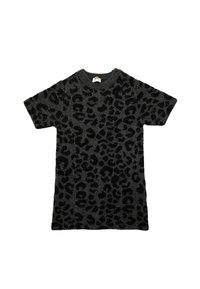 Kortærmet sort sweatshirt med leopardprint, lavet af et blødt, struktureret strikstof. Har rund halsudskæring og subtile glimmerdetaljer.