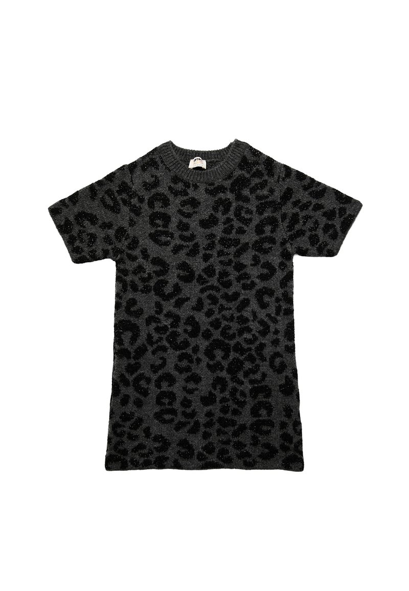 Kortærmet sort sweatshirt med leopardprint, lavet af et blødt, struktureret strikstof. Har rund halsudskæring og subtile glimmerdetaljer.