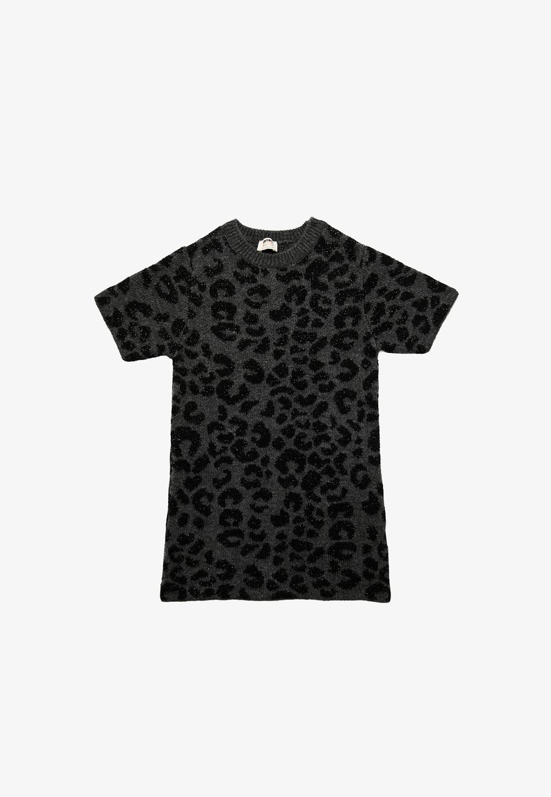 Kortærmet sort sweatshirt med leopardprint, lavet af et blødt, struktureret strikstof. Har rund halsudskæring og subtile glimmerdetaljer.