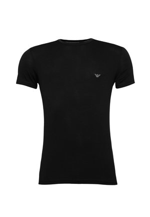 T-shirt nera aderente a maniche corte con scollo a girocollo e piccolo logo Armani argento sul petto sinistro.