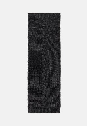 Sciarpa nera lavorata a maglia con un motivo centrale a trecce, estremità a coste e una texture liscia. Il materiale è leggero e morbido.