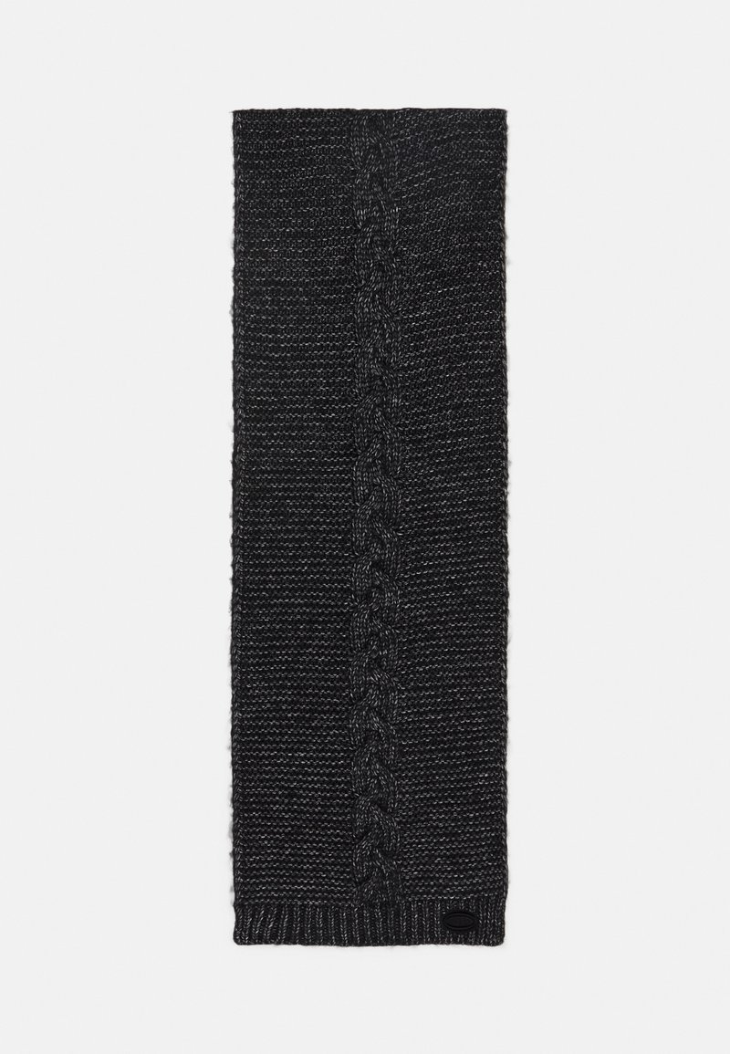 Czarny, dziany szalik z centralnym wzorem w formie kabla, z prążkowanymi końcówkami i gładką teksturą. Materiał jest lekki i miękki.
