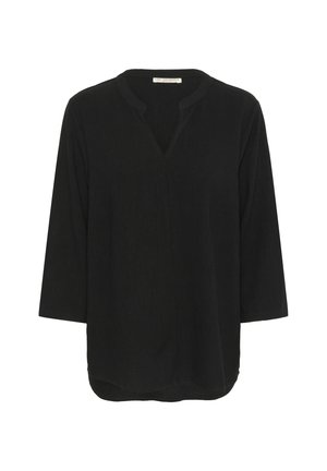 Pulover negru, cu mâneci lungi, având un decolteu în V, textură moale, croială lejeră și tiv rotund cu fante laterale.
