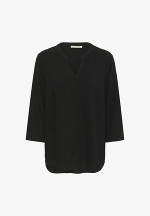 Črna pulover majica z dolgimi rokavi, z V-izrezom, mehko teksturo, sproščenim krojem in zaobljenim robom z stranskimi razporki.
