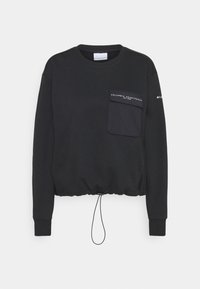 Sudadera negra con cuello redondo, mangas largas, un bolsillo frontal y un dobladillo con cordón para ajustabilidad. Tejido suave con un acabado mate.