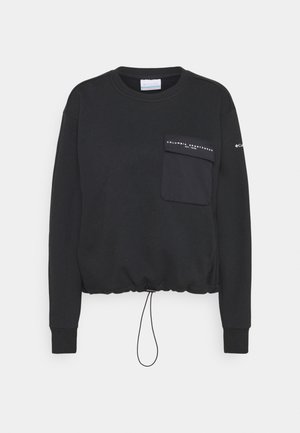 Sudadera negra con cuello redondo, mangas largas, un bolsillo frontal y un dobladillo con cordón para ajustabilidad. Tejido suave con un acabado mate.