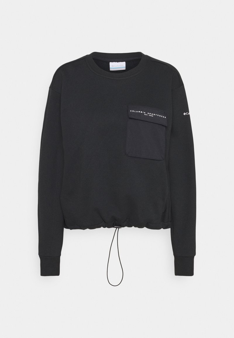 Sudadera negra con cuello redondo, mangas largas, un bolsillo frontal y un dobladillo con cordón para ajustabilidad. Tejido suave con un acabado mate.