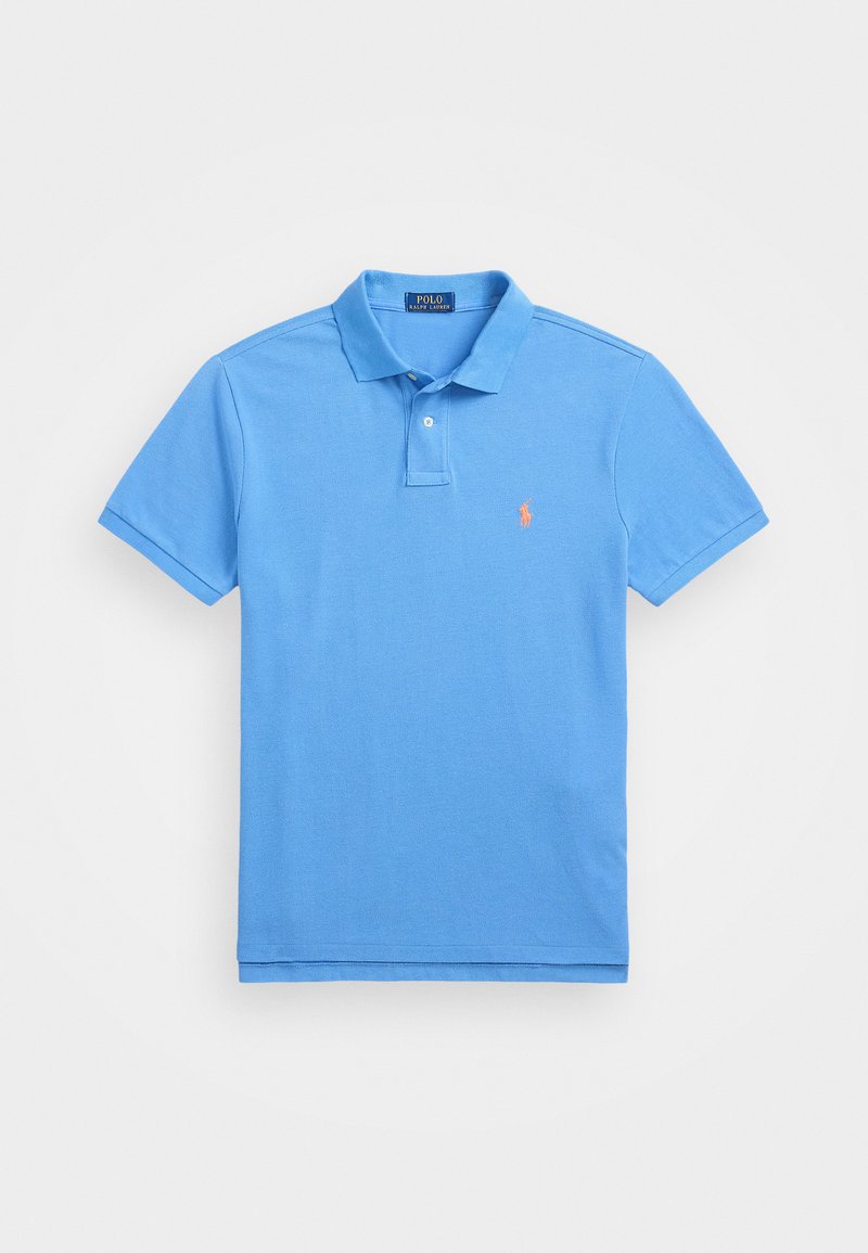 Polo shirt in light blue cotton. Features a collared neckline, short sleeves, and an embroidered logo in orange on left chest.