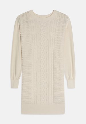 Robe pull en maille crème à manches longues avec motifs torsadés et texturés, poignets côtelés et encolure ronde.