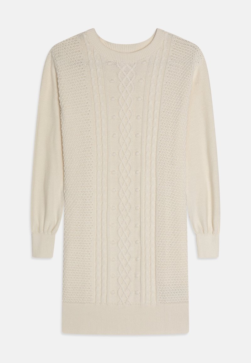 Robe pull en maille crème à manches longues avec motifs torsadés et texturés, poignets côtelés et encolure ronde.