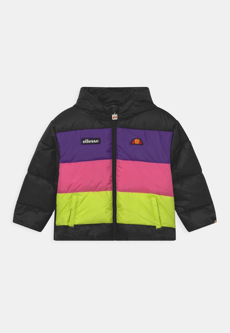 Giacca imbottita nera, viola, rosa e verde neon. Caratterizzata da un cappuccio, zip frontale, patch con logo e due tasche anteriori.
