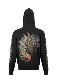 Felpa nera con cappuccio caratterizzata da una grande grafica colorata di un gatto feroce sulla schiena, con dettagli in fiamme e testo bianco sulle maniche. Materiale morbido.