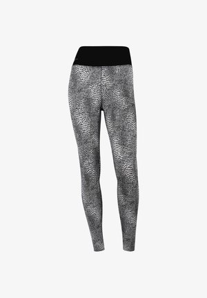 Sort-hvide mønstrede leggings med høj talje, lavet af strækbart stof med en tekstureret, slangeskindsdesign.