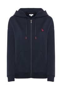 Felpa con zip blu navy, dotata di tasca a marsupio, cordini e logo ricamato. Tessuto morbido e polsini a costine per una vestibilità aderente.