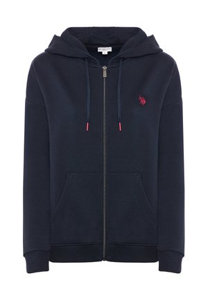 Felpa con zip blu navy, dotata di tasca a marsupio, cordini e logo ricamato. Tessuto morbido e polsini a costine per una vestibilità aderente.