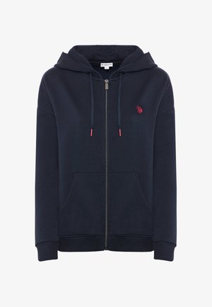 Felpa con zip blu navy, dotata di tasca a marsupio, cordini e logo ricamato. Tessuto morbido e polsini a costine per una vestibilità aderente.