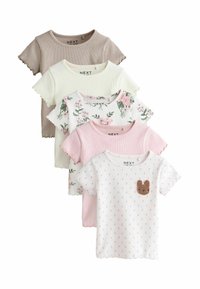 Set of five short-sleeve toddler t-shirts in various colors: beige, white, pink, and floral patterns. Features scalloped edges and embroidery.