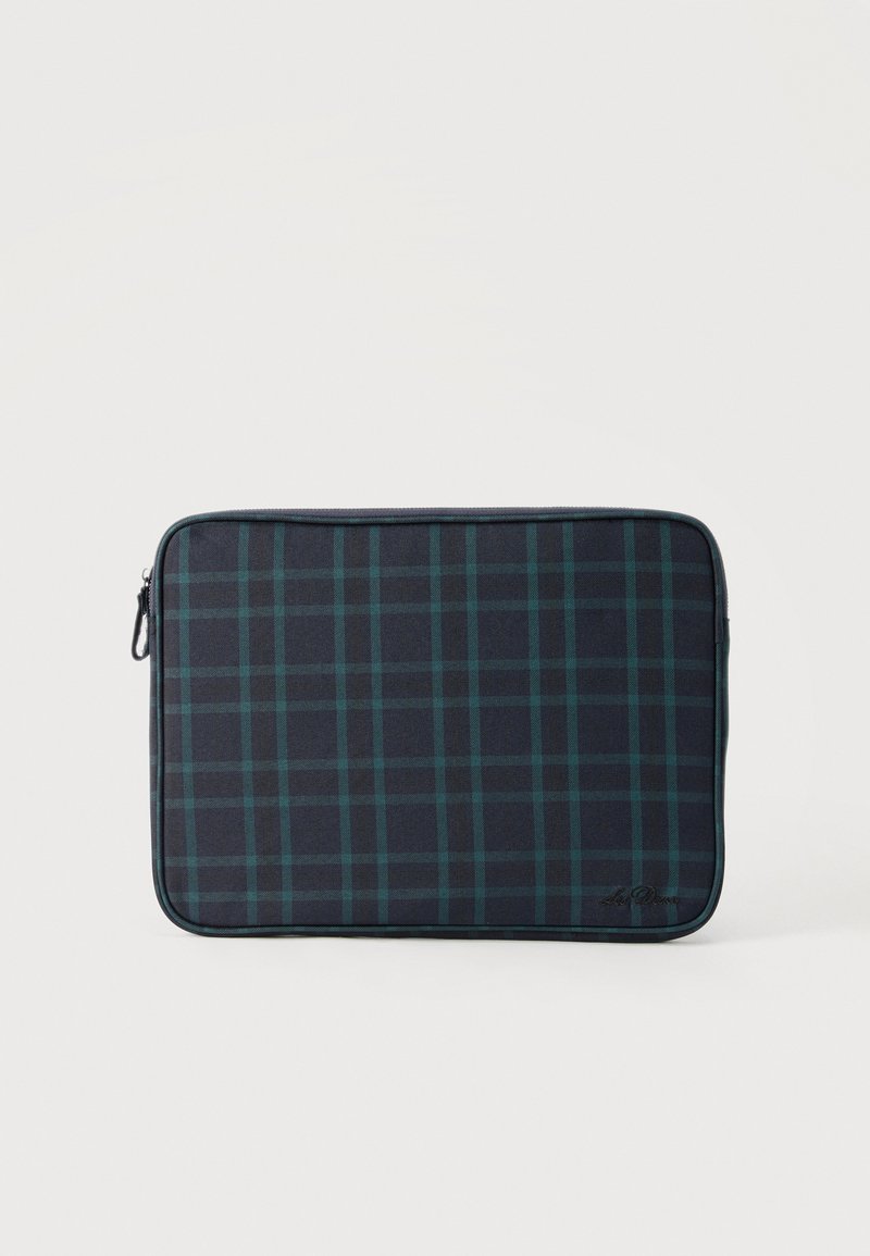 Ορθογώνια θήκη με φερμουάρ, με μοτίβο σε σκούρο πράσινο και σκούρο μπλε καρώ και στρογγυλεμένες γωνίες σε απλό φόντο.