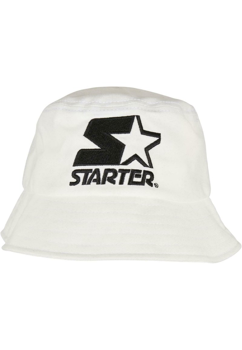White bucket hat made of soft fabric featuring a prominent black embroidered "S" and star logo, with the brand name "STARTER" beneath.