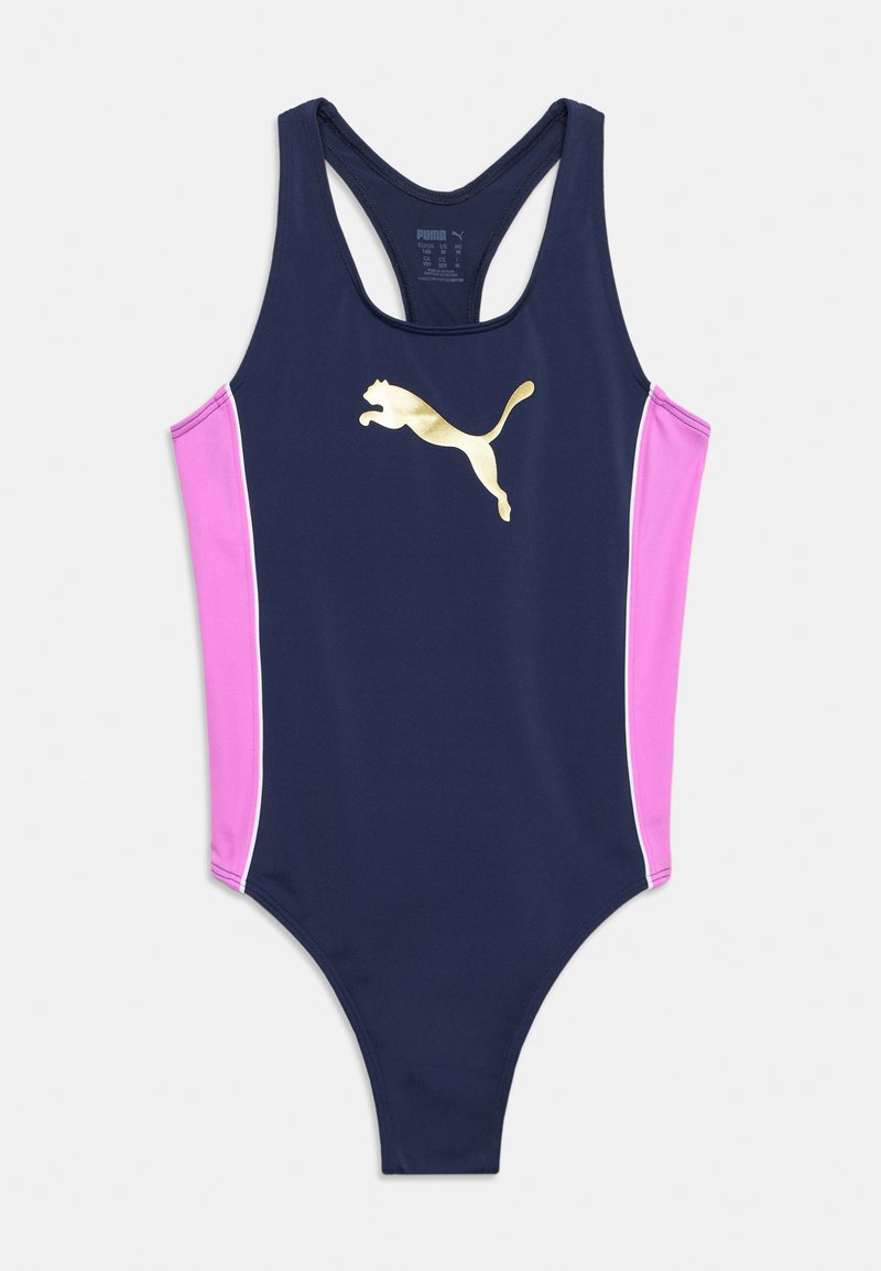 Ολόσωμο μαγιό σε ναυτικό μπλε με ροζ πλευρικές πινελιές, σχέδιο racerback και χρυσό λογότυπο Puma στο κέντρο του στήθους.