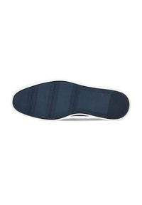 Marineblauwe rubberen schoenzool met textuurstrepen en een witte rand. Kenmerkt zich door een gladde afwerking en een multidirectioneel grippatroon.