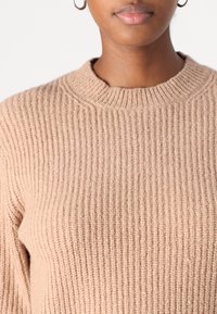 Beige gestrickter Pullover mit geripptem Muster, rundem Ausschnitt und weichem Stoff. Nahaufnahme, die auf den Oberkörper und das Kragen-Detail fokussiert.