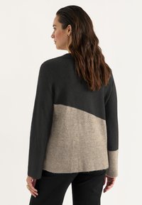 Strickpullover mit schwarzem Oberteil und taupefarbenem Unterteil, mit ribbeltem Saum. Weicher Stoff, lange Ärmel und lockere Passform.