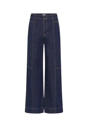 Széles szárú, sötétkék farmernadrág magas derékkal, gombos zárral és látható kontrasztos varrással.