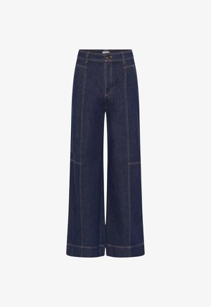 Széles szárú, sötétkék farmernadrág magas derékkal, gombos zárral és látható kontrasztos varrással.