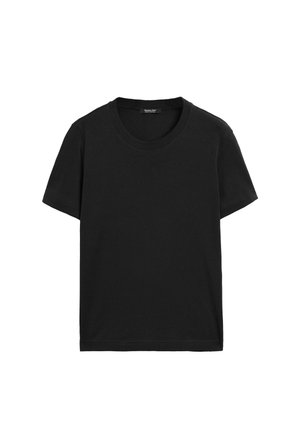 Sort kortærmet bomulds t-shirt med rund hals og almindelig pasform, vist fladt på en hvid baggrund.