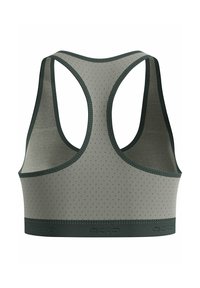 Brassière de sport grise avec un motif texturé, un dos nageur et des accents vert foncé le long des bords et à la base. Logo affiché sur la bande.