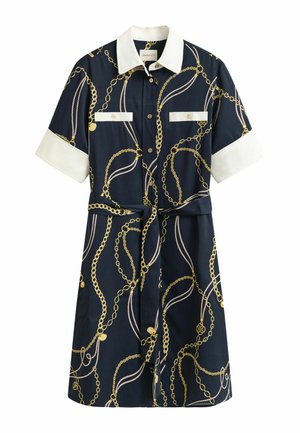 Navyblaues Kurzarm-Hemdkleid mit weißem Kragen und Manschetten, goldenem Ketten- und Seildruck, Frontknöpfen und Taillengürtel zum Binden.