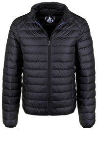 Giacca a vento nera con cuciture orizzontali, colletto alto e zip frontale. Realizzata in materiale leggero, presenta una texture liscia e un design minimale.