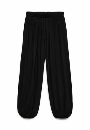Pantalon noir ample avec taille élastique et ourlets élastiques froncés aux chevilles, en tissu léger.