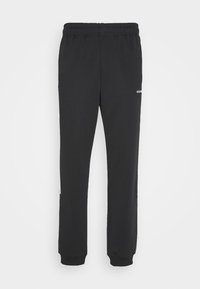 Black athletic pants with an elastic waistband, tapered leg design, and ribbed cuffs. Features a white logo on the lower side.