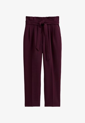 High-waist plum-colored trousers with pleats, a fabric belt tied at the waist, and a straight-leg cut.