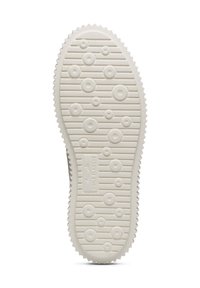 Suola di una sneaker, caratterizzata da una superficie in gomma testurizzata con motivi circolari, di colore crema chiaro e bordi scanalati ben definiti.