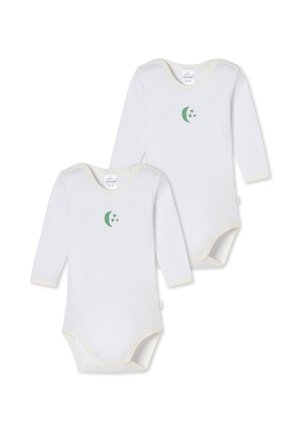 Weiße Baby-Body mit langen Ärmeln, mit einem grafischen Motiv von einem grünen Mond und Stern, aus weichem Baumwollmaterial und cremefarbener Borte. Im Doppelpack.