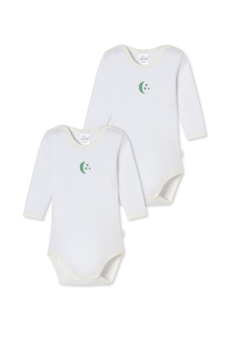 Vita baby bodysuits med långa ärmar, med en grön mån- och stjärngrafik, mjukt bomullsmaterial och krämfärgad kant. Tvåpack.