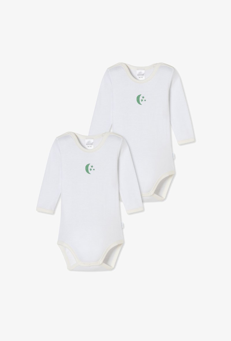 White baby bodysuits with long sleeves, featuring a green moon and star graphic, soft cotton material, and cream-colored trim. Two pack.