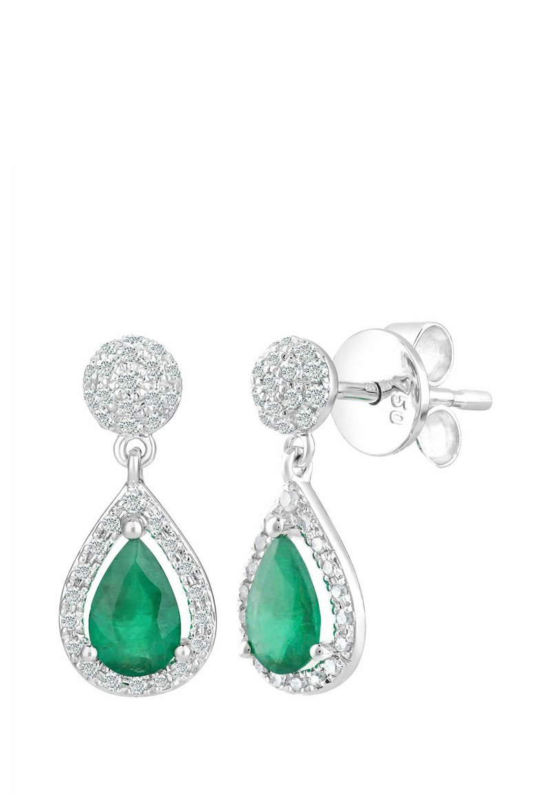 Teardrop earrings feature a green gemstone surrounded by clear zirconia, with a stud top designed in silver-tone metal.