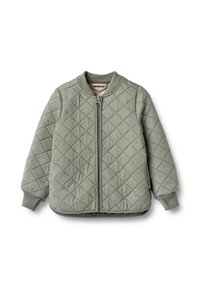 Quilted bomber jacket in muted green, featuring a zip front, ribbed cuffs, and neckline, with diamond pattern stitching. Soft texture.