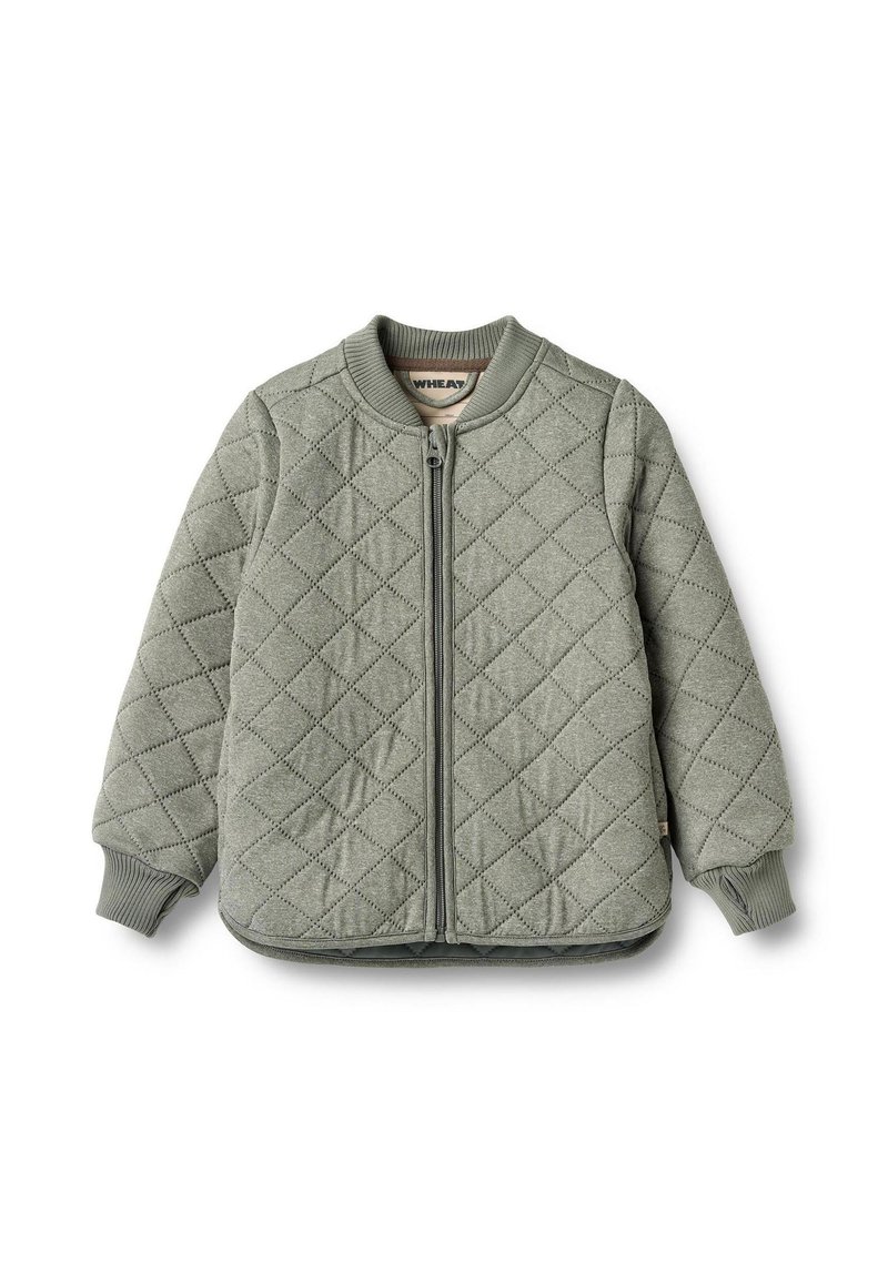 Quilted bomber jacket in muted green, featuring a zip front, ribbed cuffs, and neckline, with diamond pattern stitching. Soft texture.